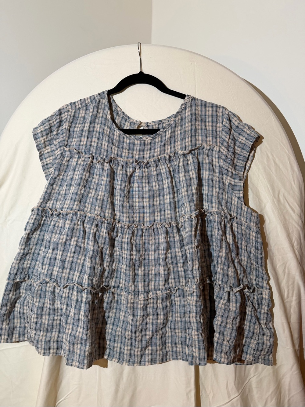 SHEIN Blue Plaid Tiered Ruffle Cotton Tunic